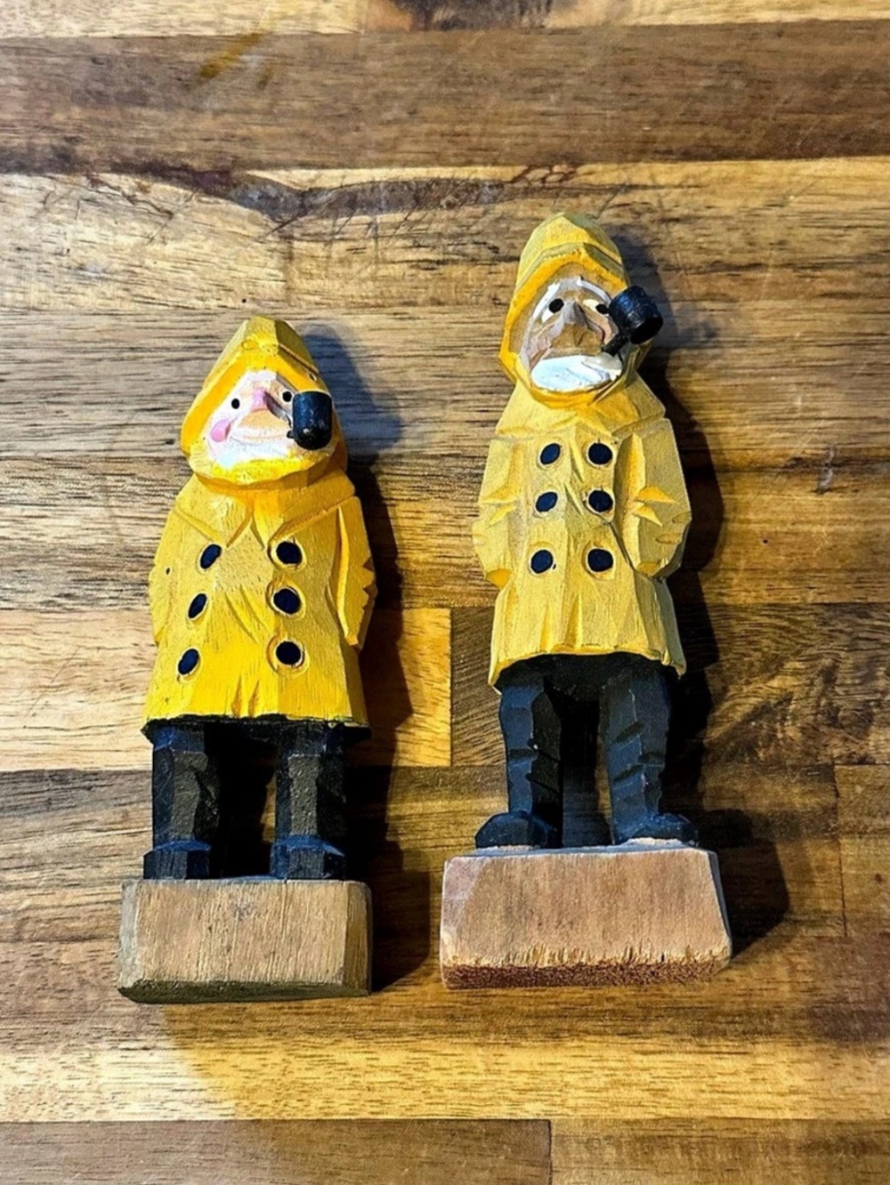 Folk Art Fisherman Carvings Pair Yellow & Black